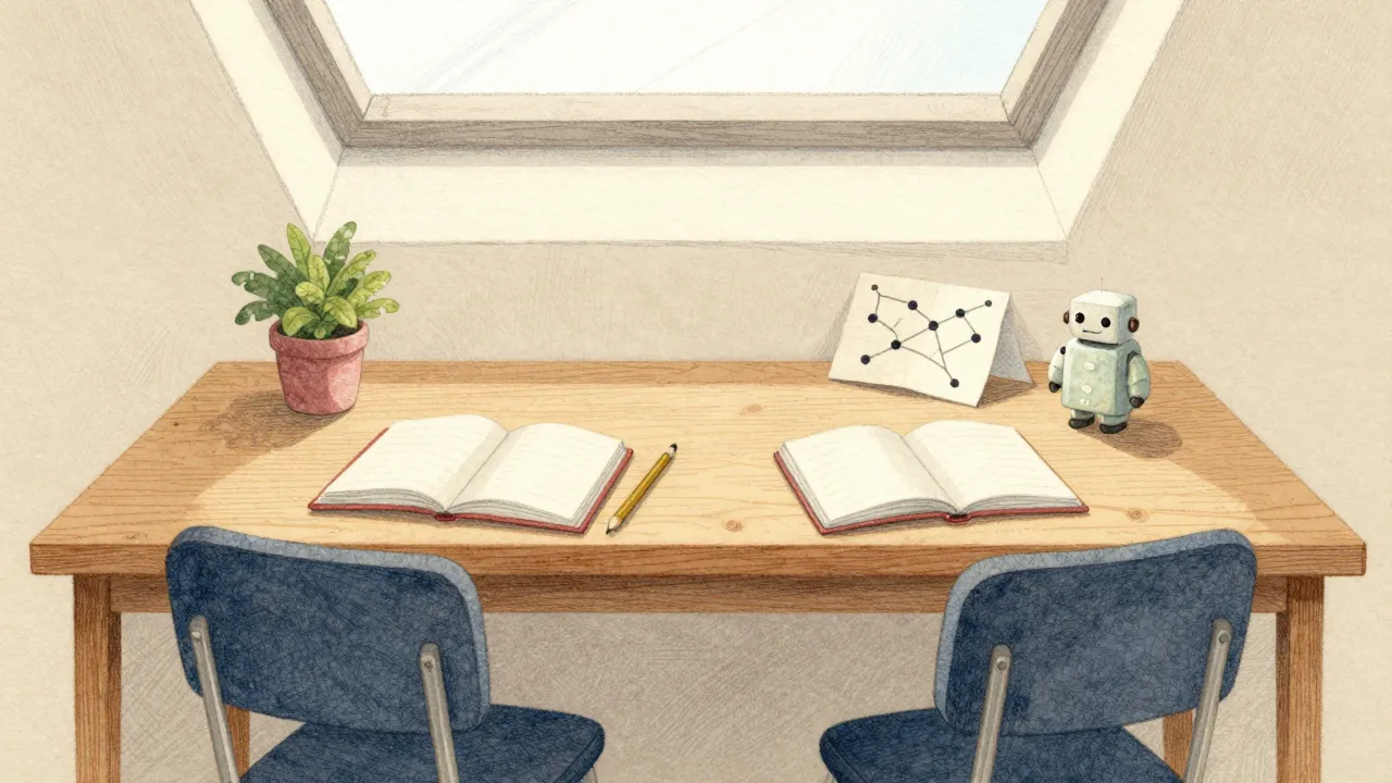 A long shared wooden table under a skylight with notebooks and a small robot figurine