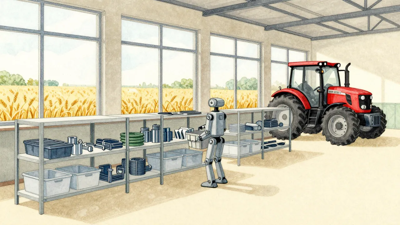 A factory hall with shelves of parts bins, a slim two-legged robot holding a bin and a red tractor being built