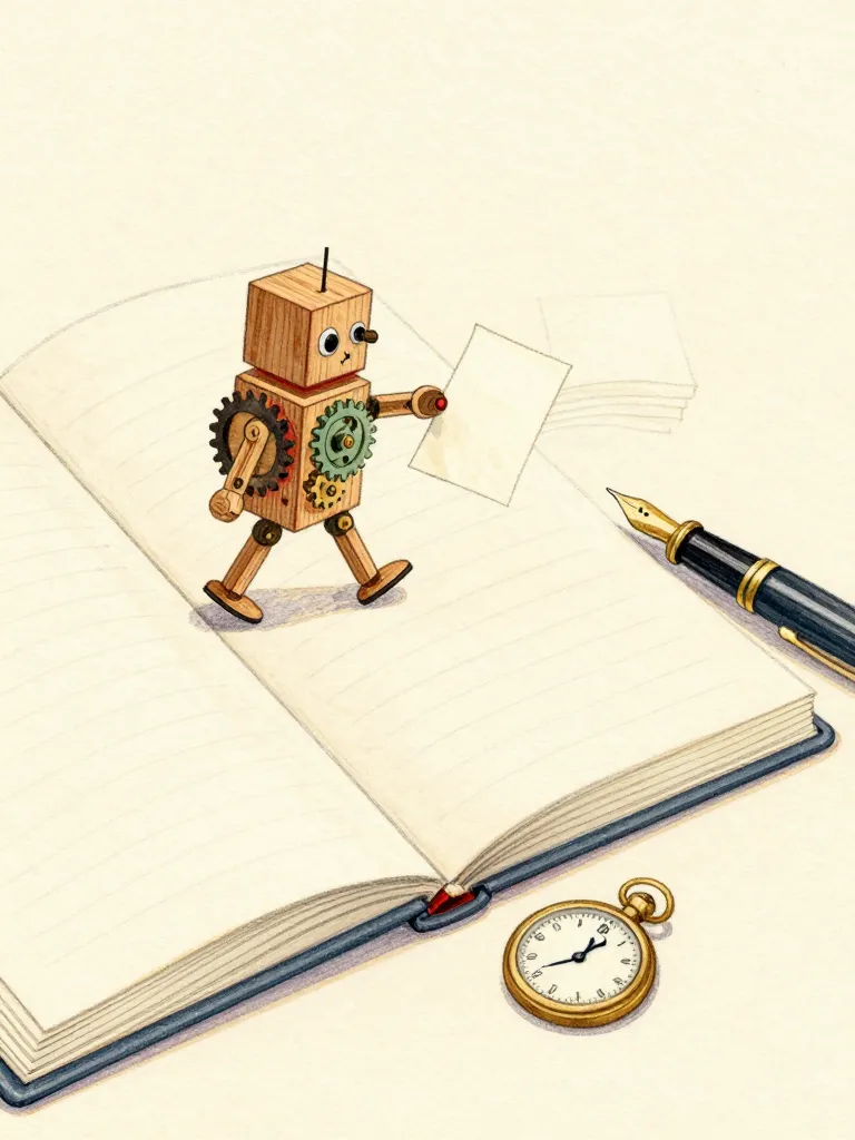 A tiny wooden automaton carrying a folded note across an open desk planner