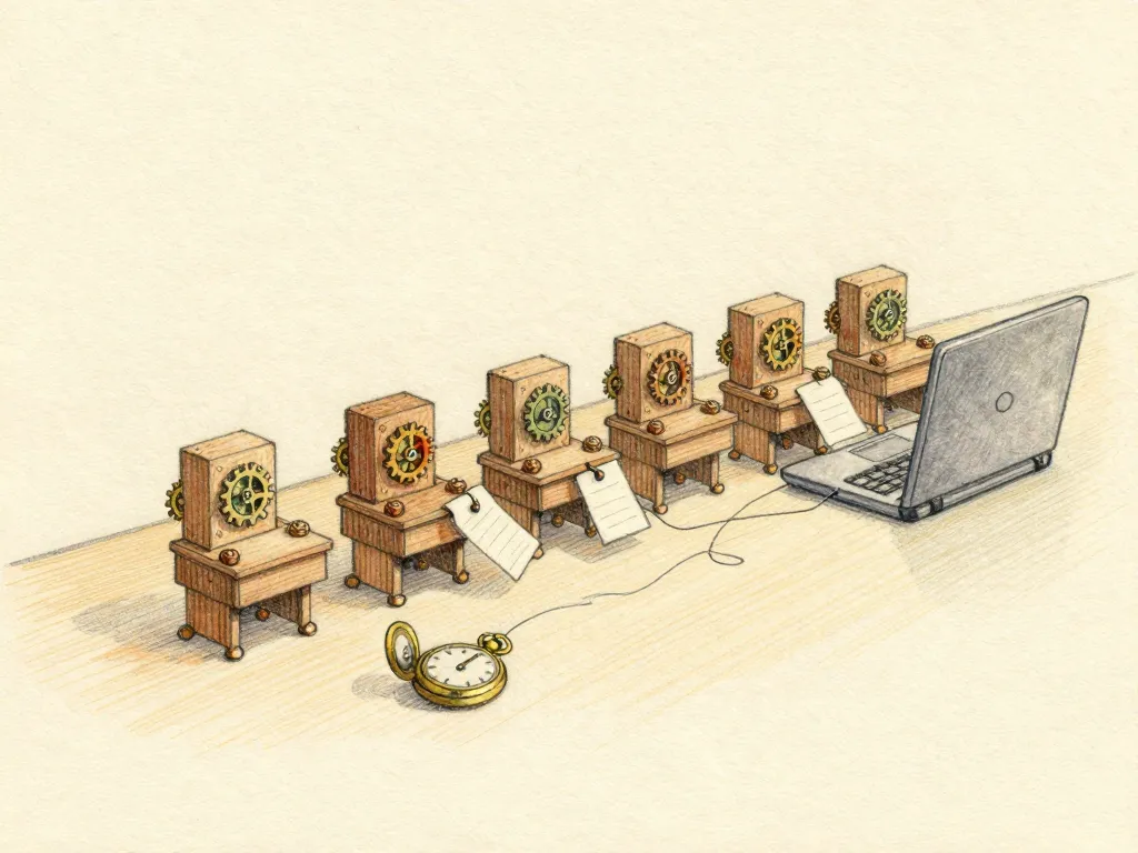 A row of small wooden desk automatons passing a paper note along a table