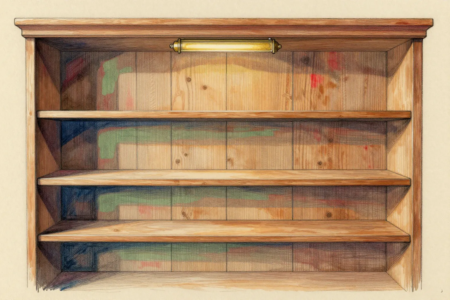 An empty wooden bookshelf with three shelves and a brass lamp