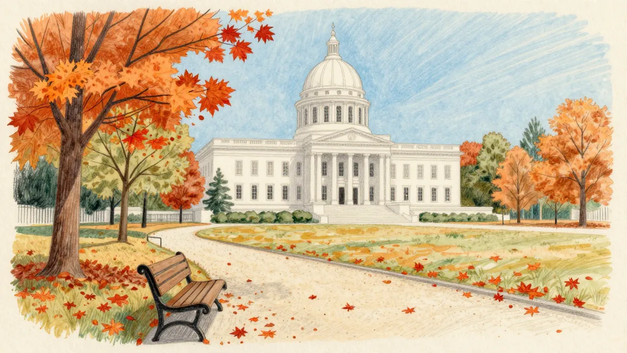 A white domed state house across a park with autumn maple leaves falling