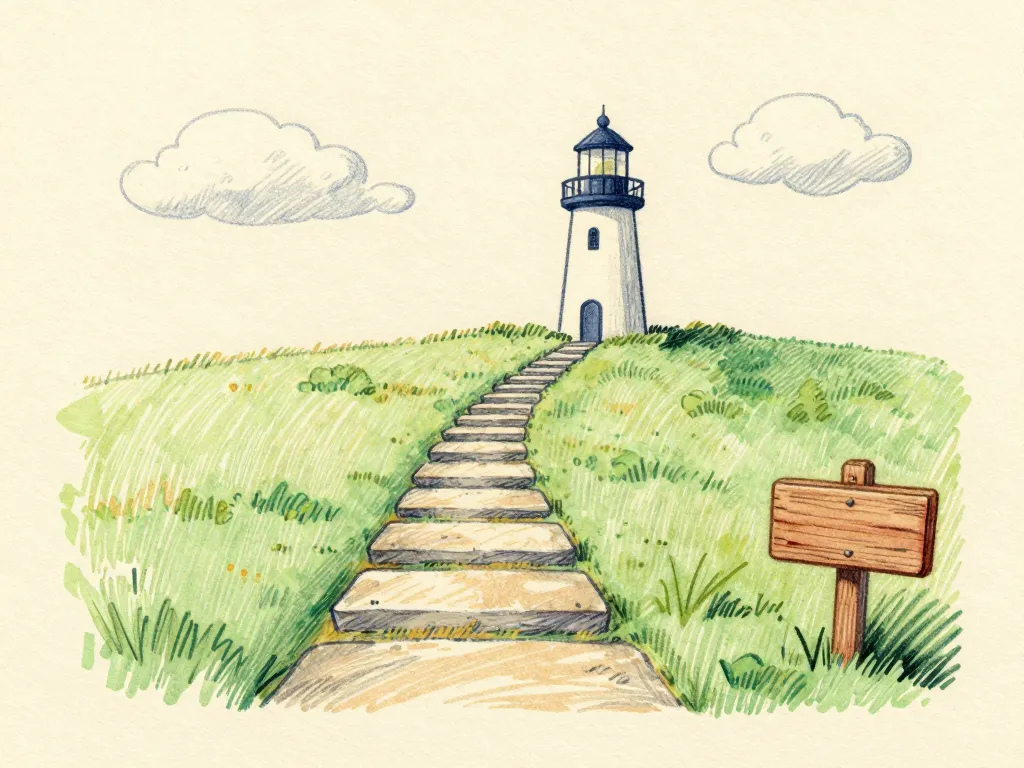 Stepping stones across a meadow up to a small white lighthouse