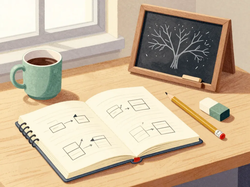 A study desk with an open notebook of diagrams and a small chalkboard