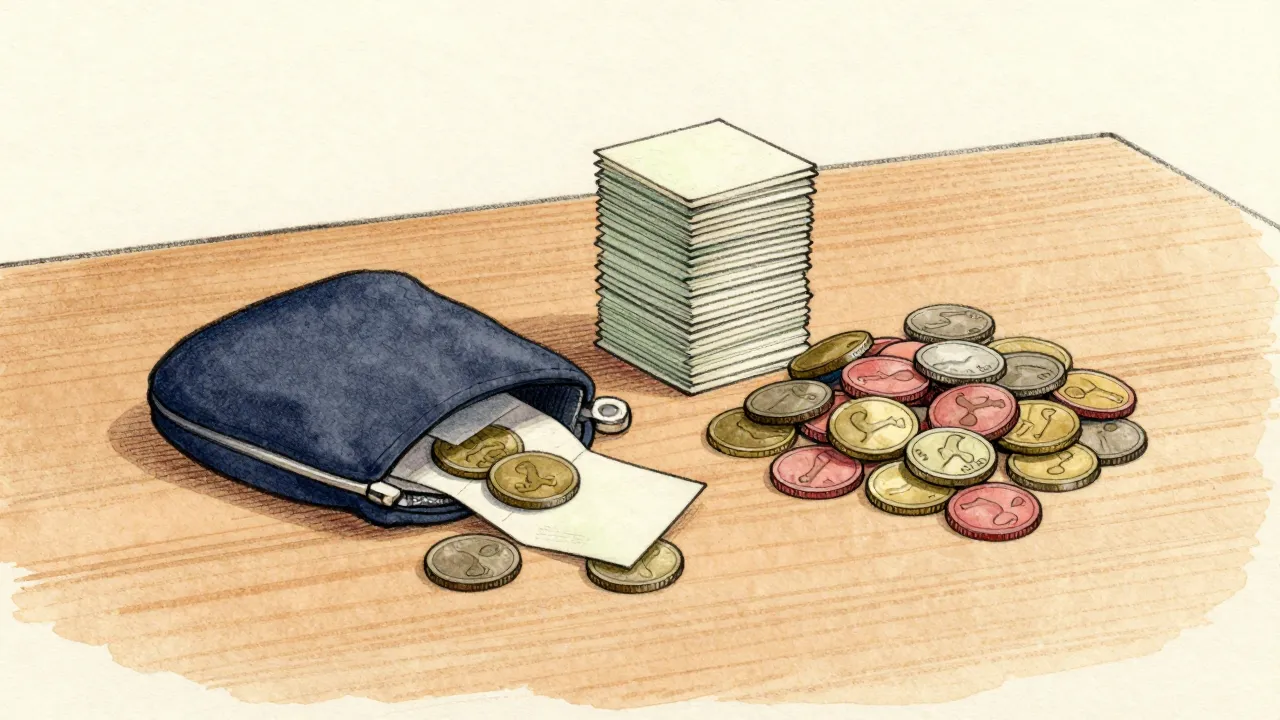 A coin purse and a few coins beside a tall stack of tiny paper squares