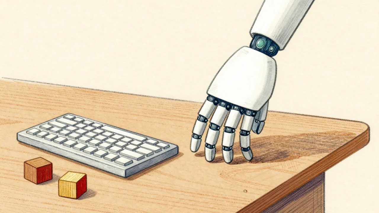 A white robot hand standing on its fingertips on a desk beside a small keyboard and wooden blocks