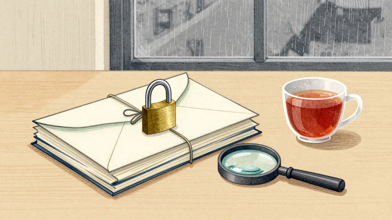 A stack of sealed letters with a brass padlock, a magnifying glass and a cup of tea by a rainy window