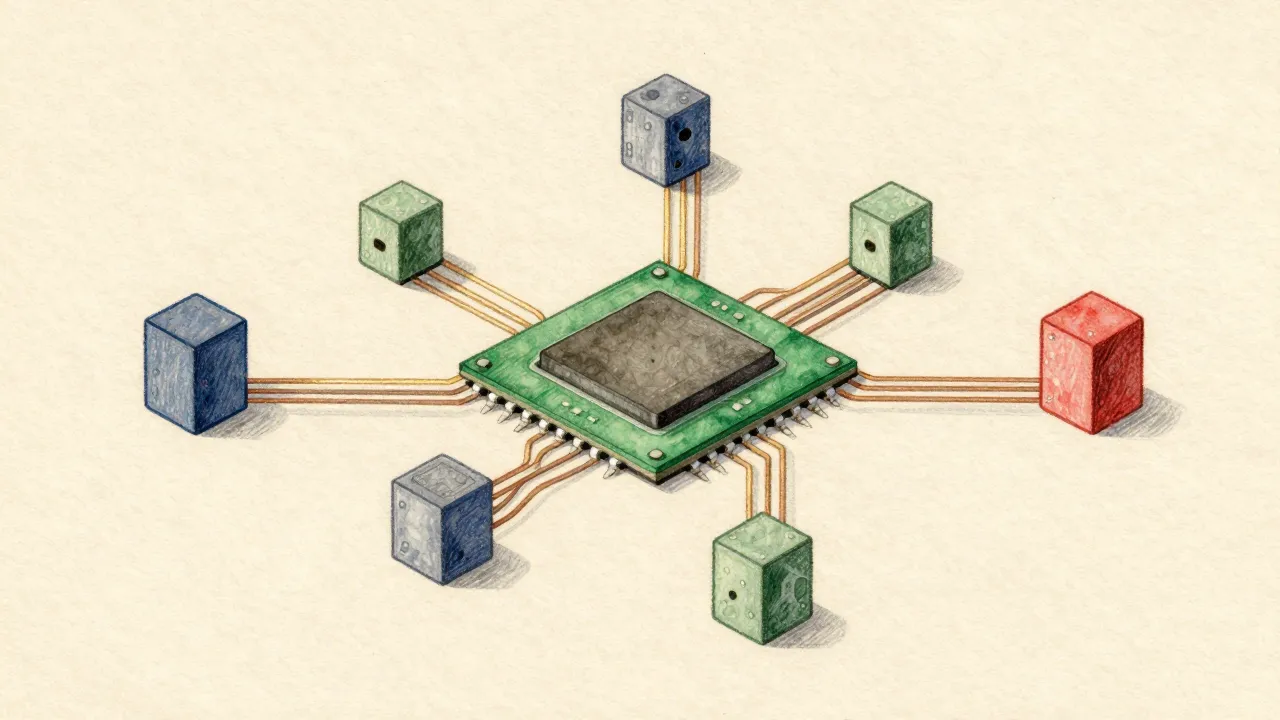 A large chip on a circuit board seen from above, linked to eight small memory towers