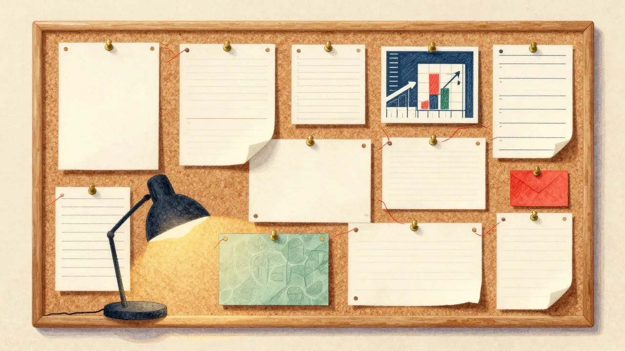 A cork pinboard covered in small paper cards and clippings joined by red thread