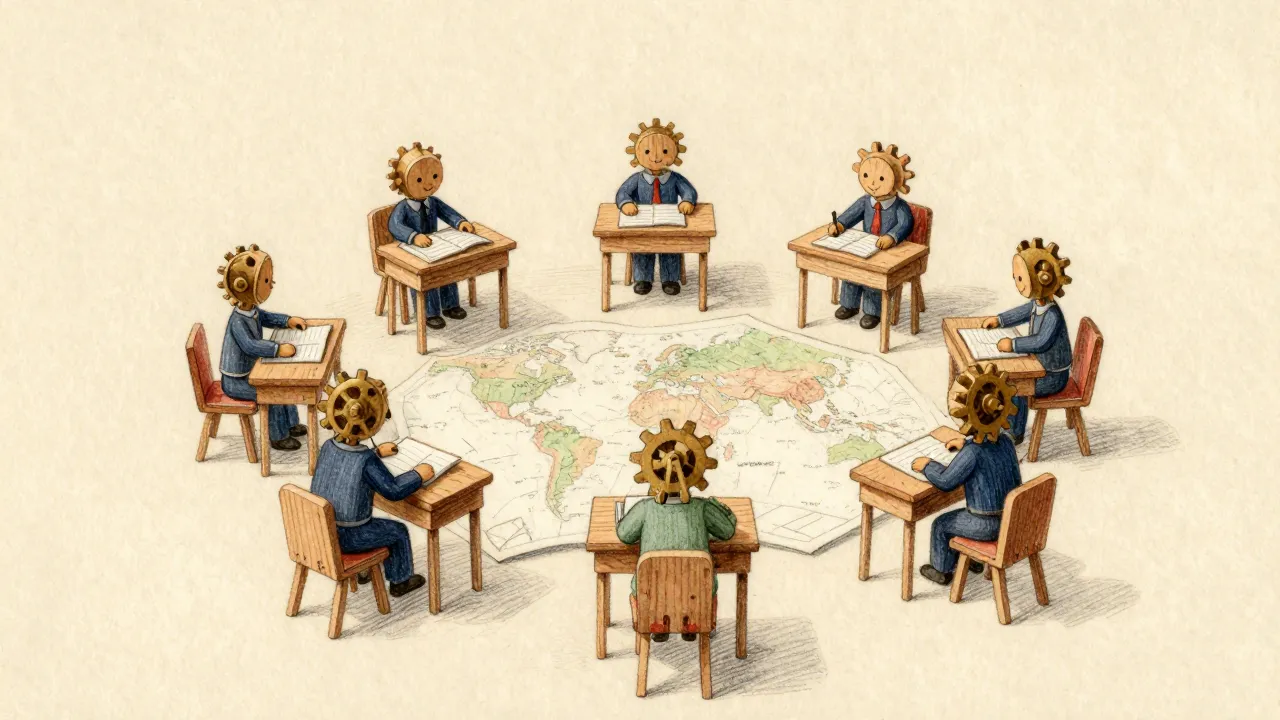 Small wooden automatons at desks in a circle, each working on part of one big map