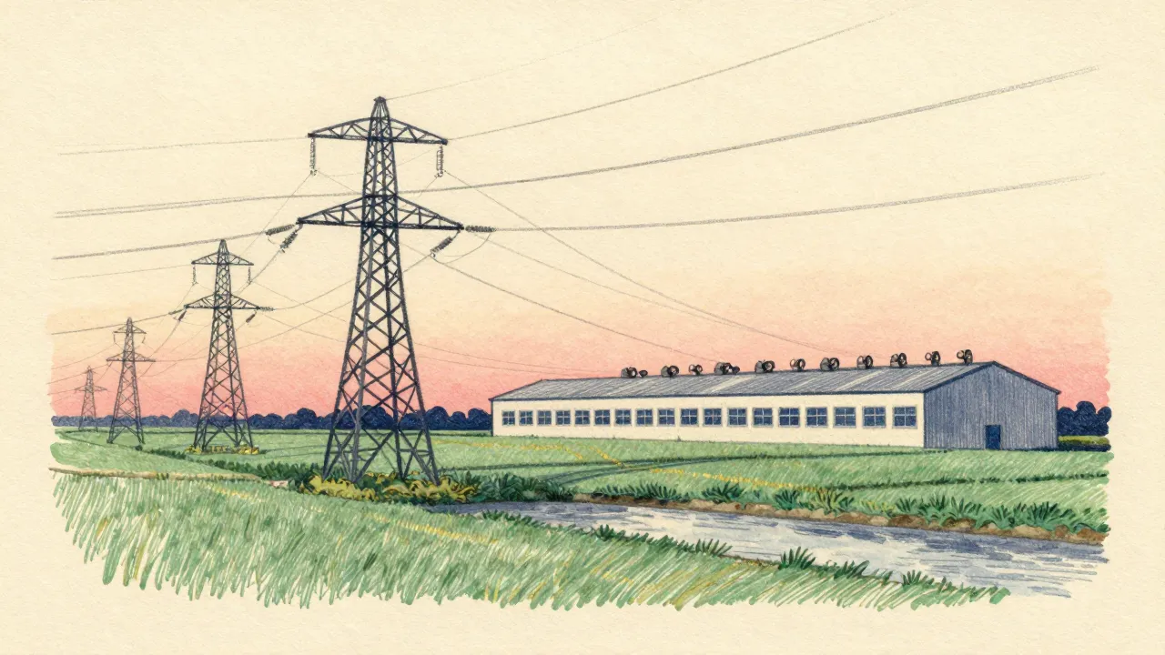 Electricity pylons crossing farm fields toward a long low datacenter building by a river