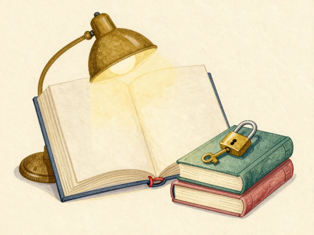 An open book under a brass reading lamp beside a small padlock and key