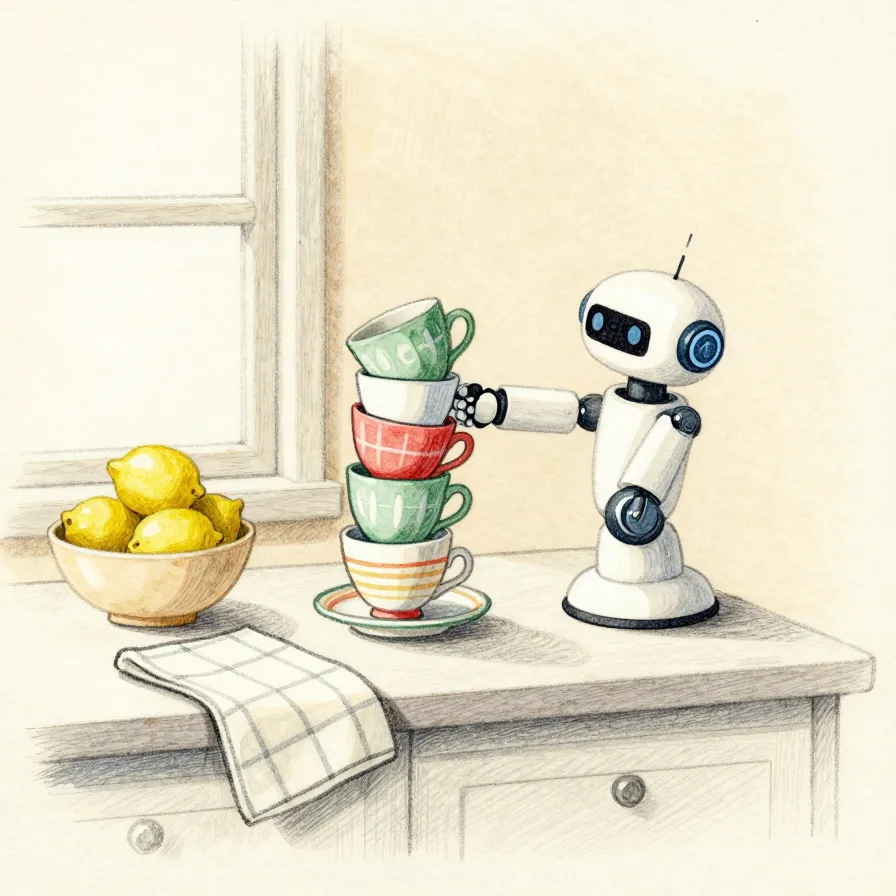 A small white robot arm stacking teacups on a kitchen counter