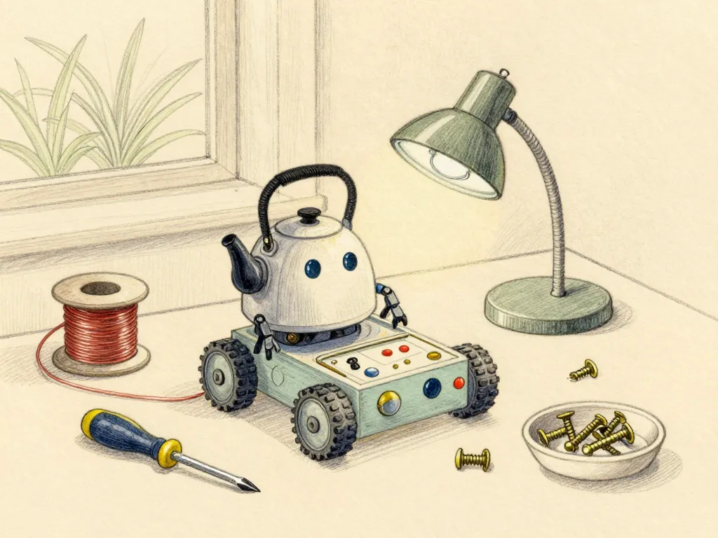 A small friendly wheeled robot being assembled on a workbench
