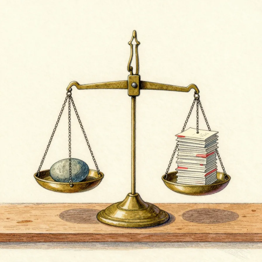 A brass balance scale weighing one pebble against a stack of tiny paper squares