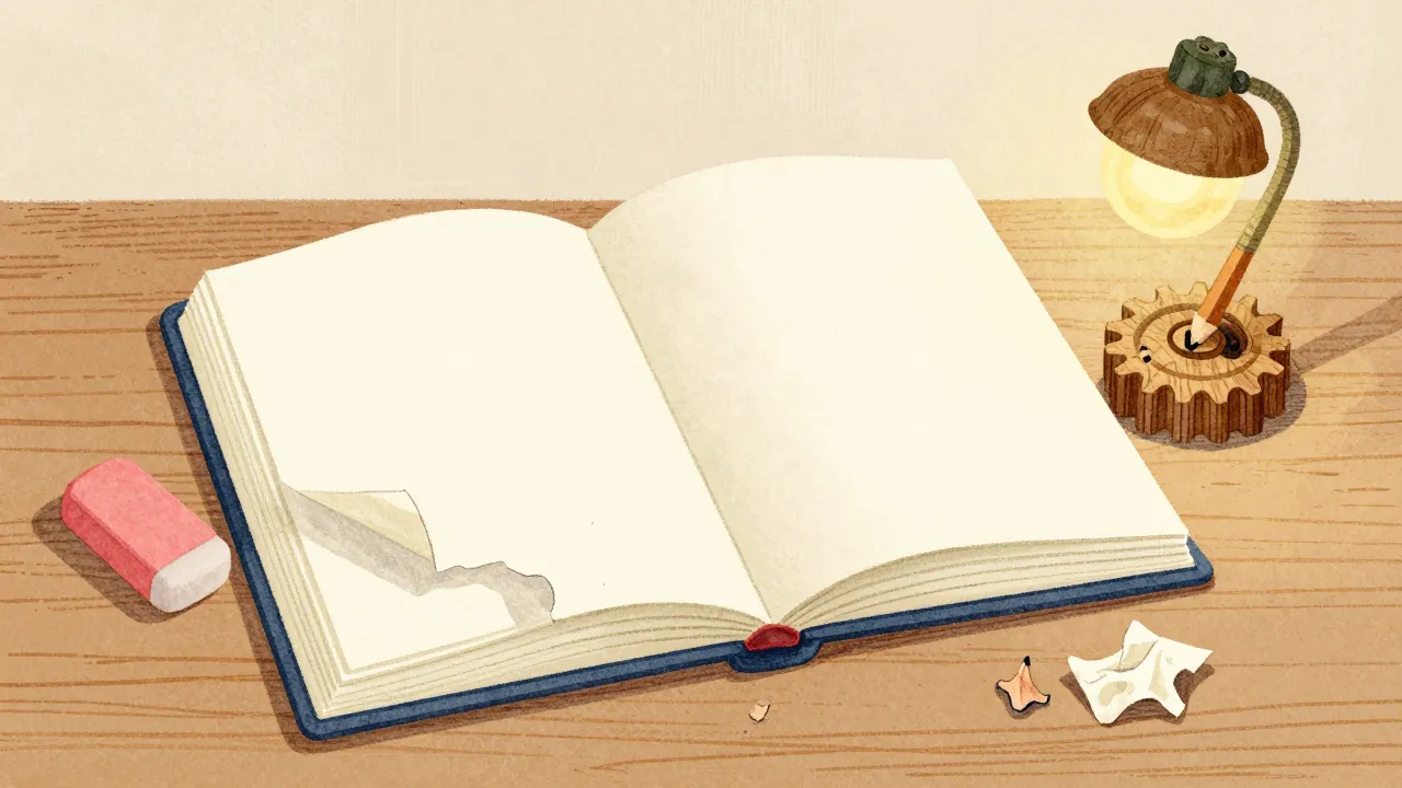 An open logbook with torn-out pages, an eraser and pencil shavings beside a small gear automaton