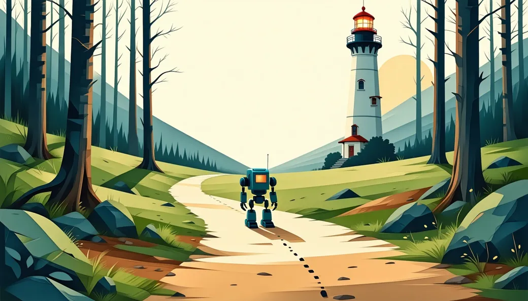 A small robot on a forked forest path drifting away from a distant lighthouse, a dotted trail showing the widening gap