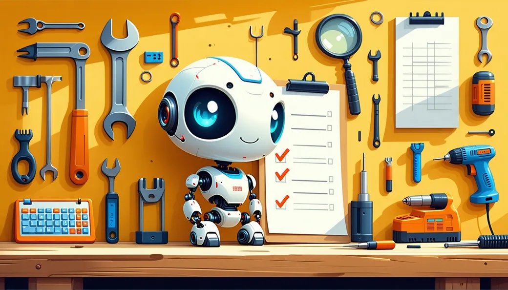 A cheerful small robot at a workbench with a clipboard checklist, surrounded by tools: wrench, magnifying glass, telephone, calendar
