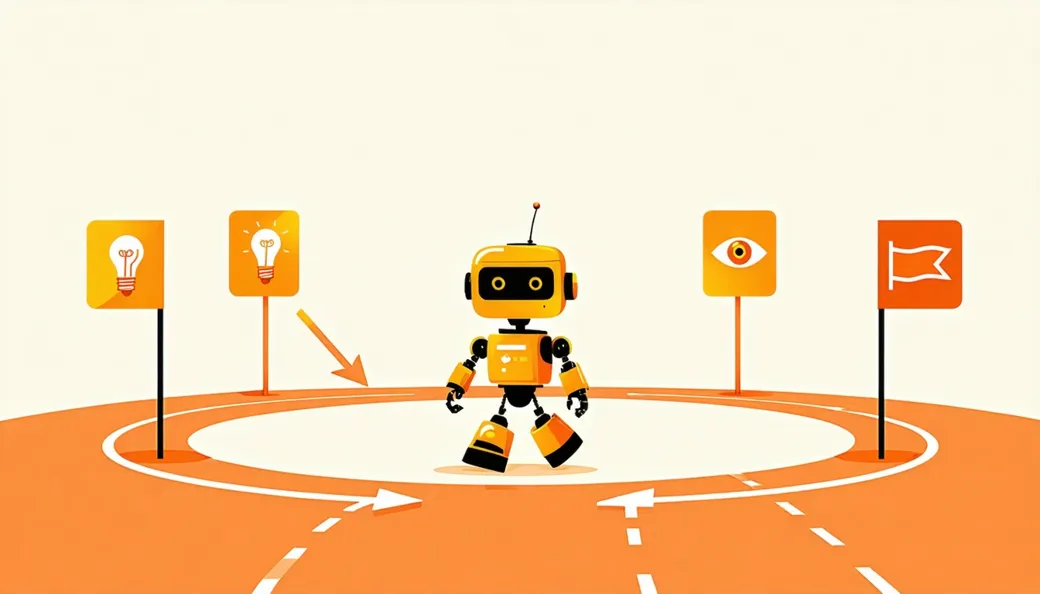 A small robot walking a circular track lined with checkpoint signposts showing lightbulb, eye and flag icons