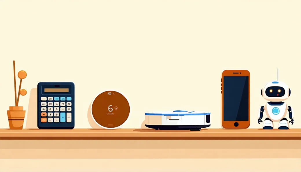 A shelf lineup of everyday gadgets: calculator, thermostat, smartphone, robot vacuum and a small robot