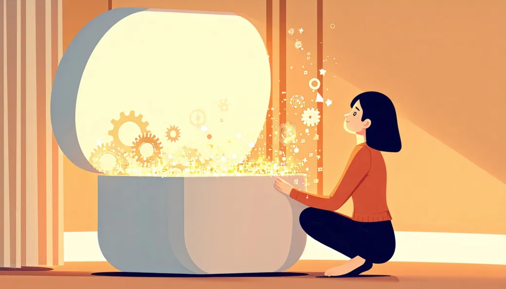 A curious person lifting the lid of a large glowing box with gears and sparkles floating out