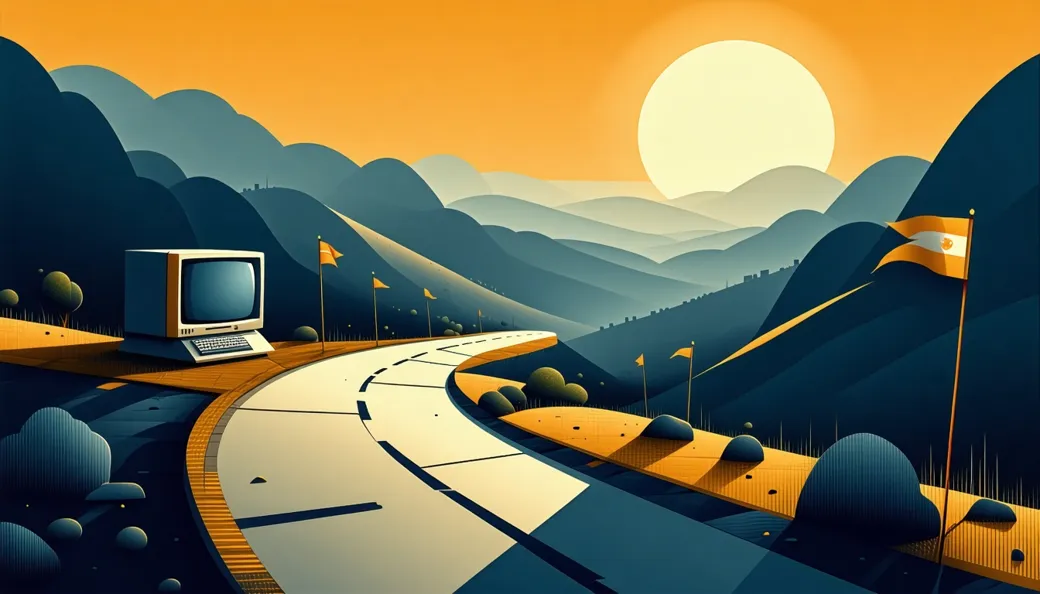 A winding road leading from a room-sized vintage computer in a dark valley toward a bright modern city at sunrise
