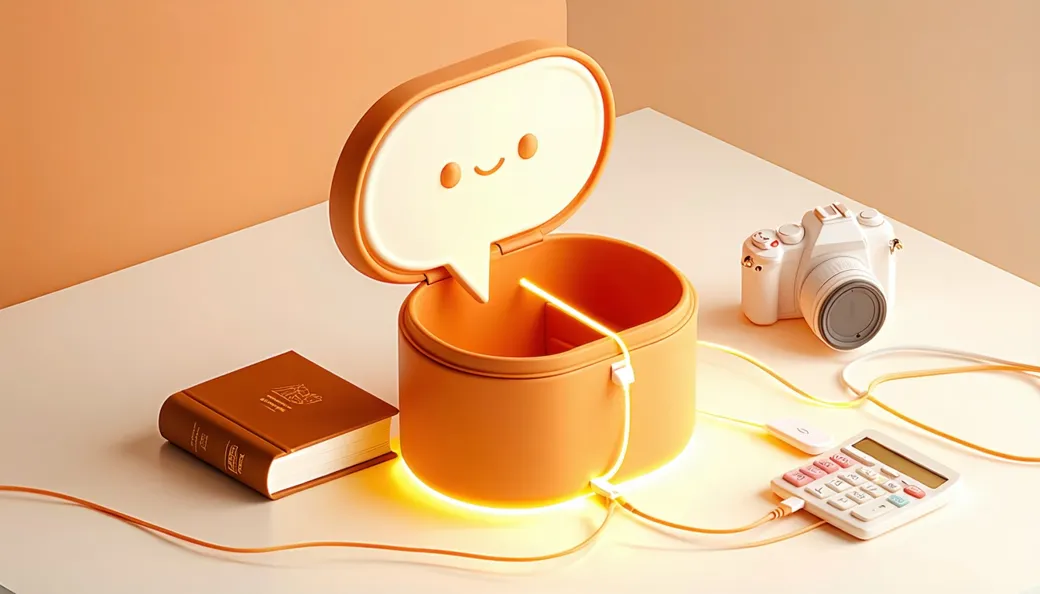 A chat-bubble-shaped box with its lid open, a book, calculator, camera and cable plugging into it along glowing lines