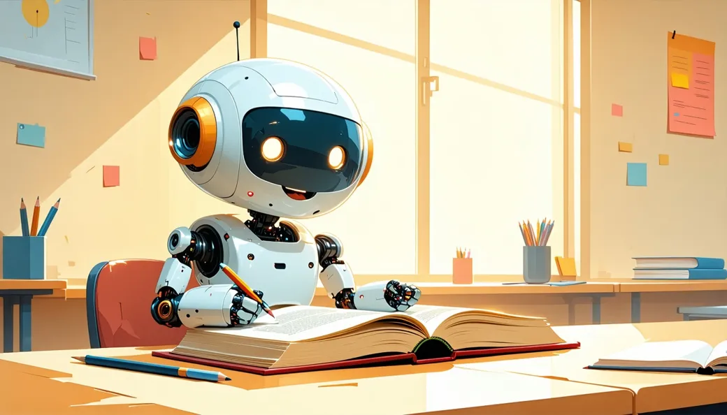 A small robot taking an exam with a large open reference book beside it, happily copying a highlighted passage