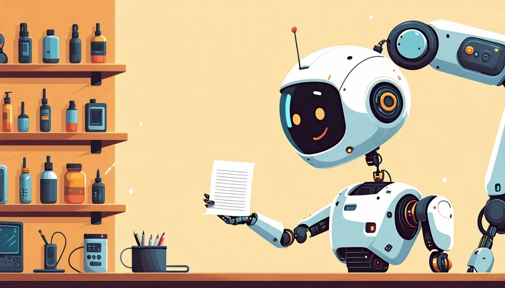 A friendly robot handing a paper order slip to a large mechanical arm reaching toward shelves of gadgets