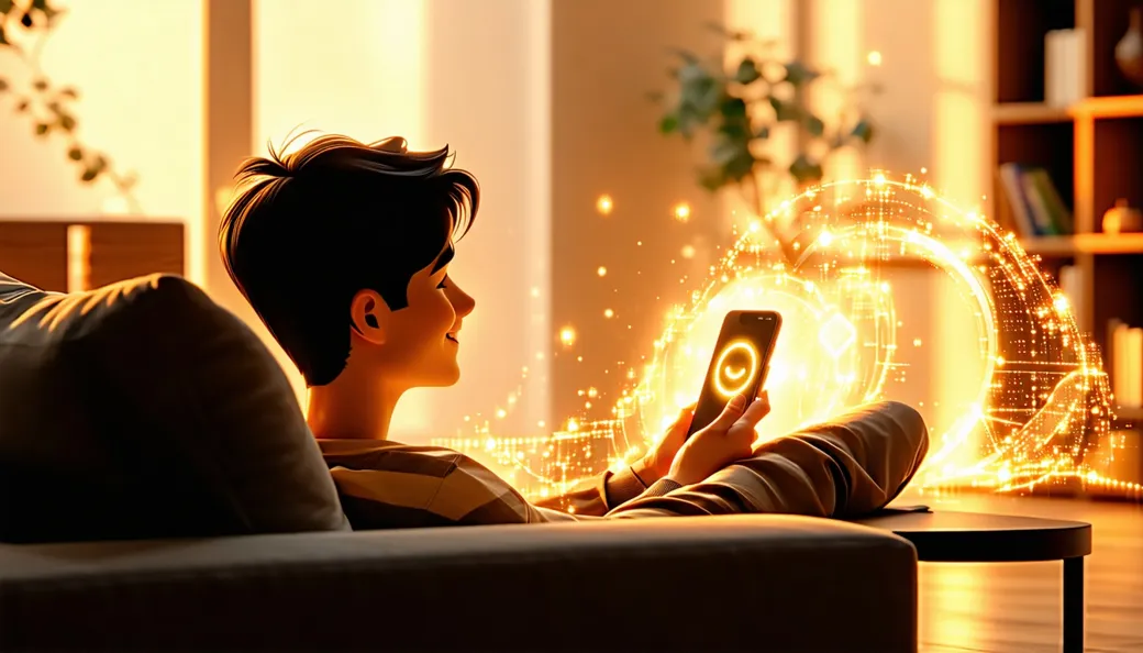 A person on a couch at dusk chatting with a glowing phone that projects a warm companion made of light