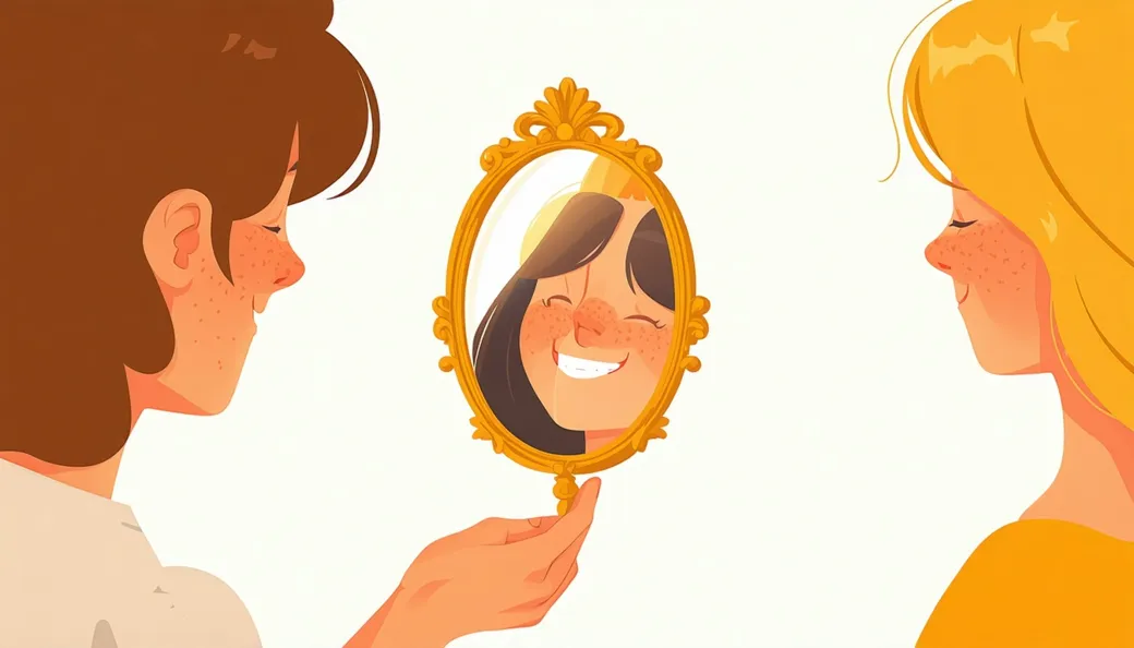 A person looking into an ornate hand mirror whose golden reflection smiles back wider than they do