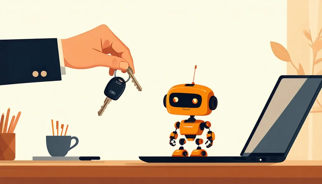 A person handing a set of keys to a small eager robot beside an open laptop