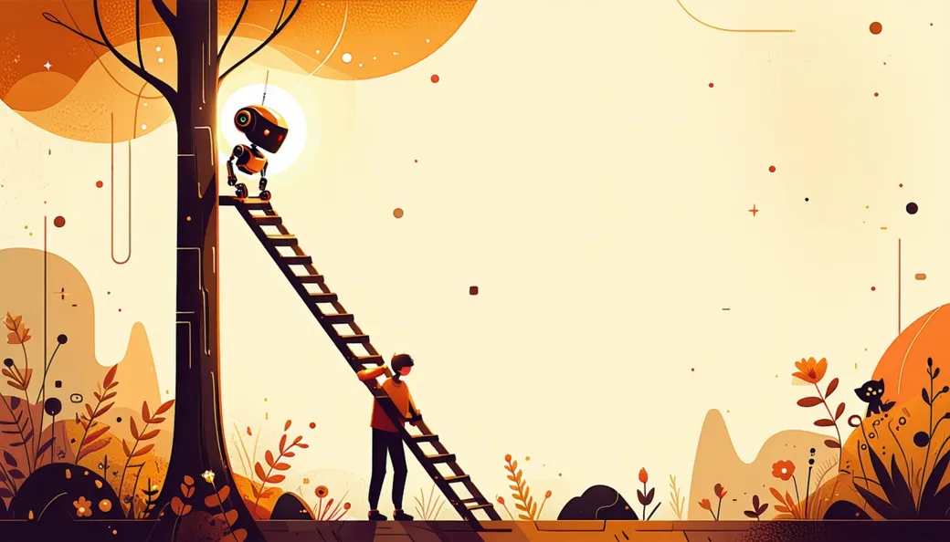 A small robot climbing a tall ladder rung by rung while a person steadies it from below