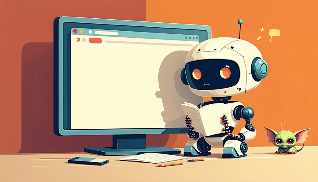 A robot reading a document in front of a large browser window while a small sly gremlin lurks beside it