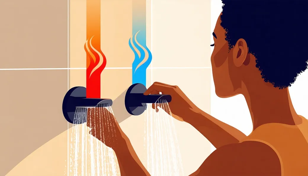 A person adjusting shower faucet knobs, with hot and cold swirls blending toward a comfortable warm