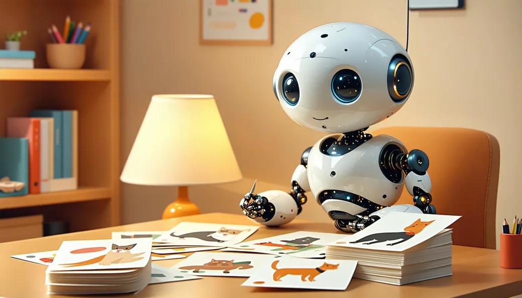 A small robot at a desk studying a stack of picture flashcards and sorting them into two piles