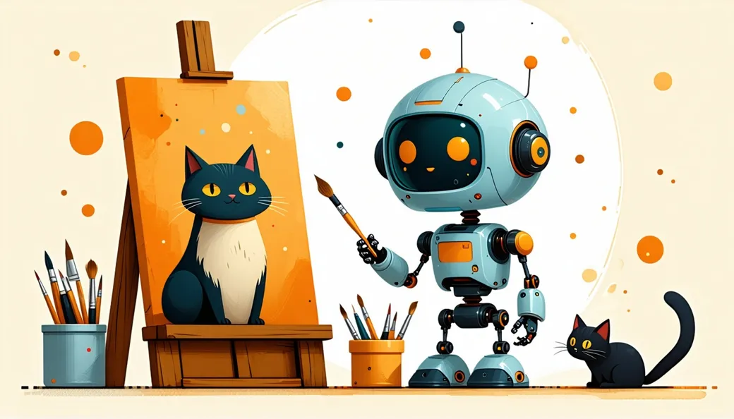 A confident robot painting a portrait of a cat that doesn't quite match the real cat sitting beside it