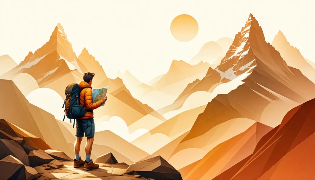 A hiker with a map facing a jagged mountain ridge, some peaks in sunshine and some valleys in fog