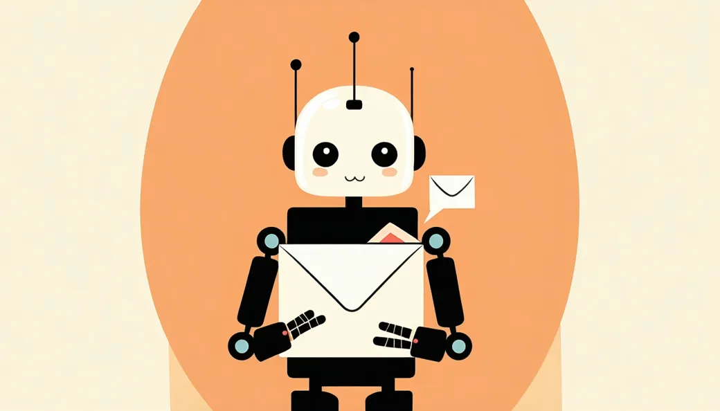 A robot mail carrier reading an innocent-looking letter while a sneaky note hides inside the envelope