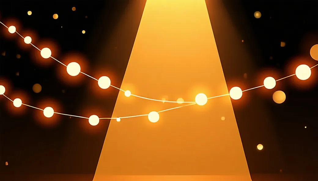 A warm spotlight connecting glowing beads strung on parallel threads, with bright arcs linking related beads