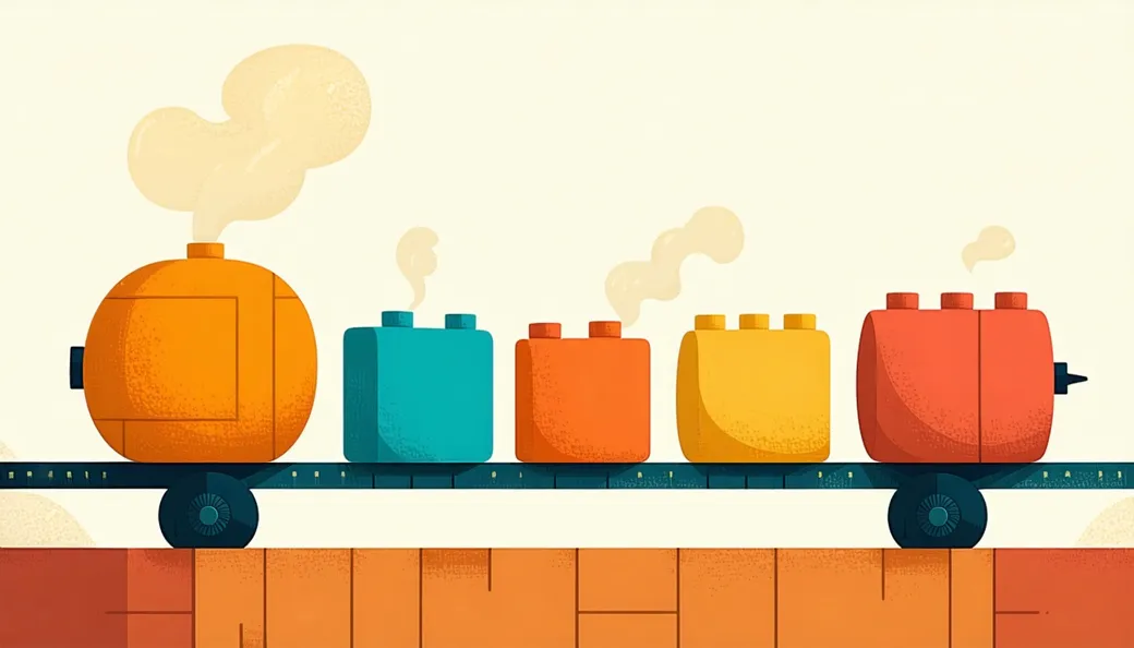 A rounded machine with a conveyor belt producing one building block at a time, each joining a growing train of blocks
