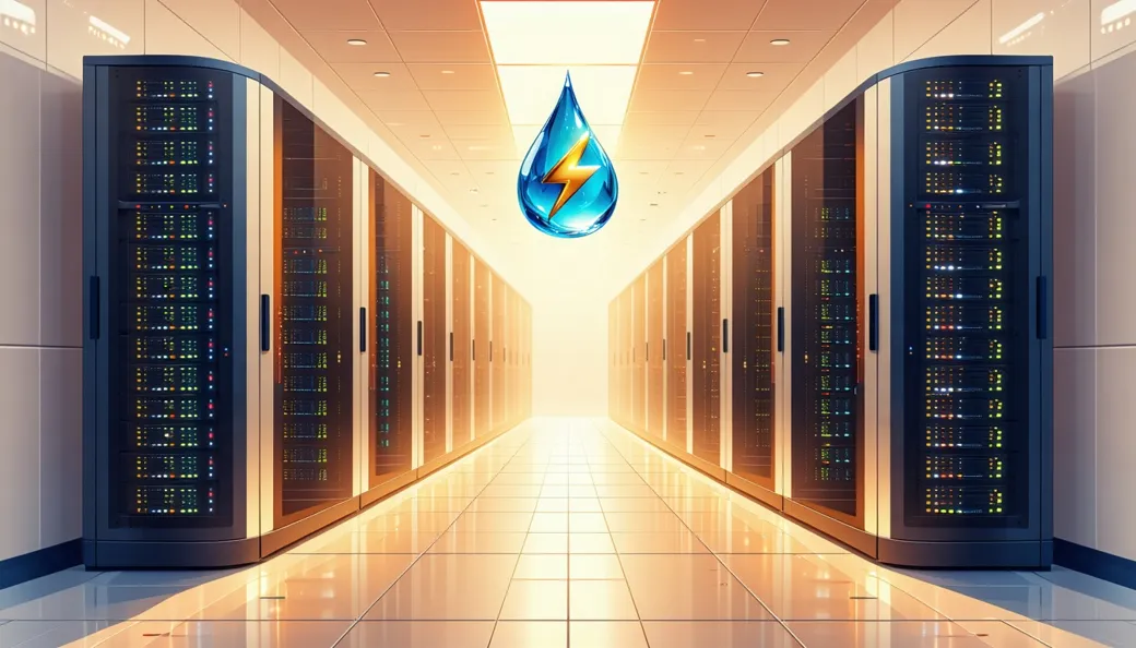 A glowing data center hall of rounded server racks with a large water drop and a lightning bolt floating above