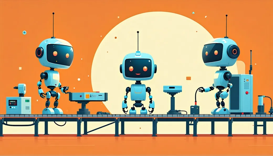 A friendly factory assembly line with stations progressively shaping and polishing a small robot