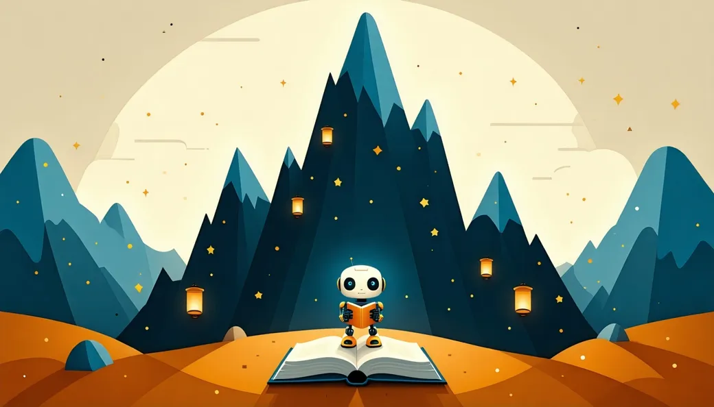 A tiny robot reading one book by lantern light at the base of an enormous mountain of open books