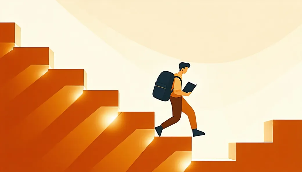 A person with a backpack and notebook climbing a tall staircase, the steps behind them softly glowing