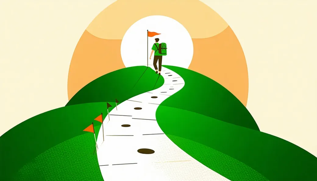 A walker with a backpack on a winding footpath up a hill with milestone flags and a bright flag at the summit