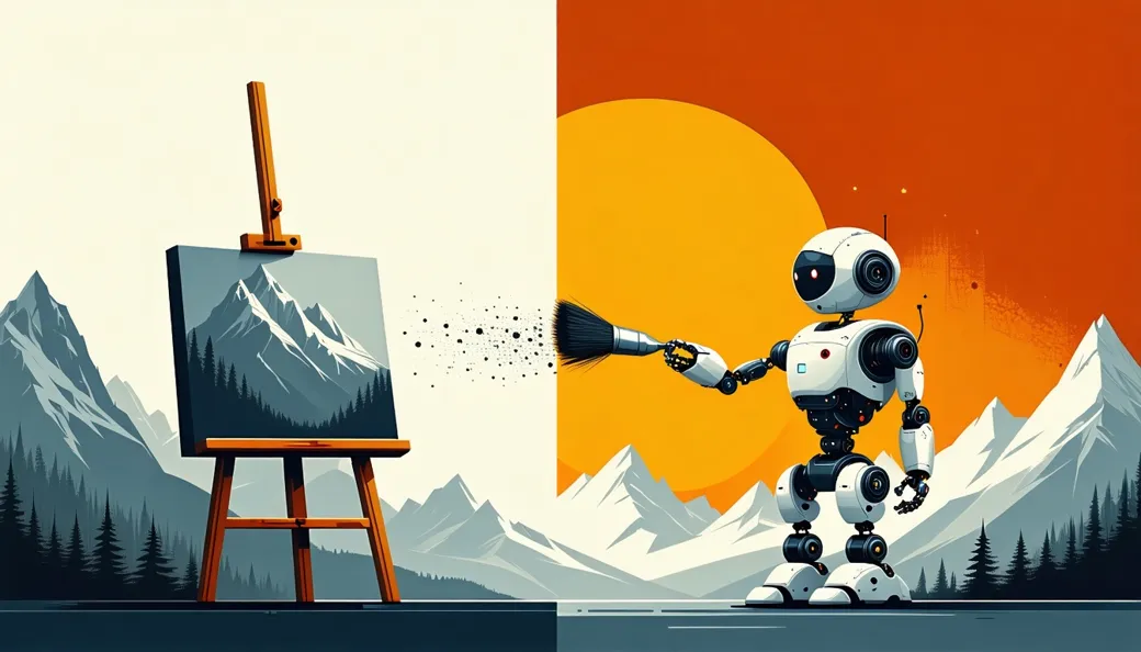 A canvas half covered in gray static noise and half a finished mountain landscape, a robot artist brushing the noise away