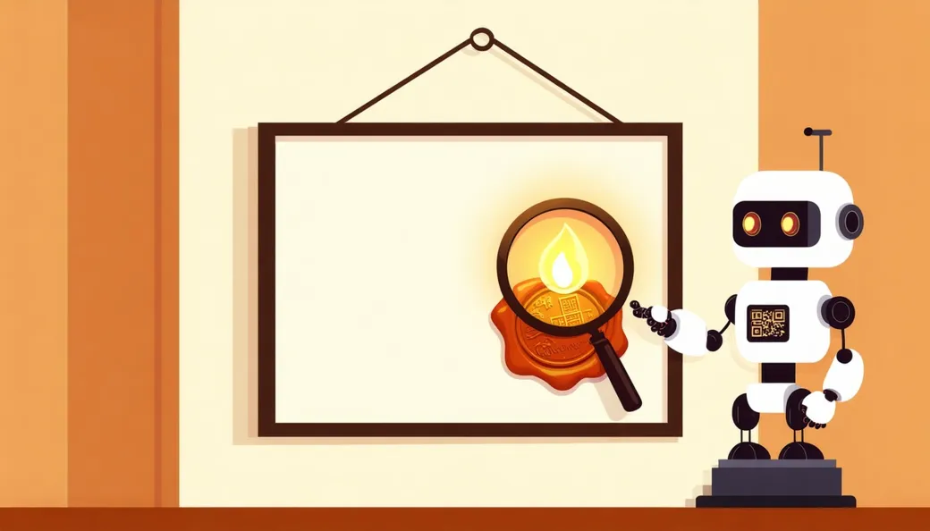 A framed picture receiving a glowing embossed seal from a friendly robot, a magnifying glass revealing hidden patterns in the seal