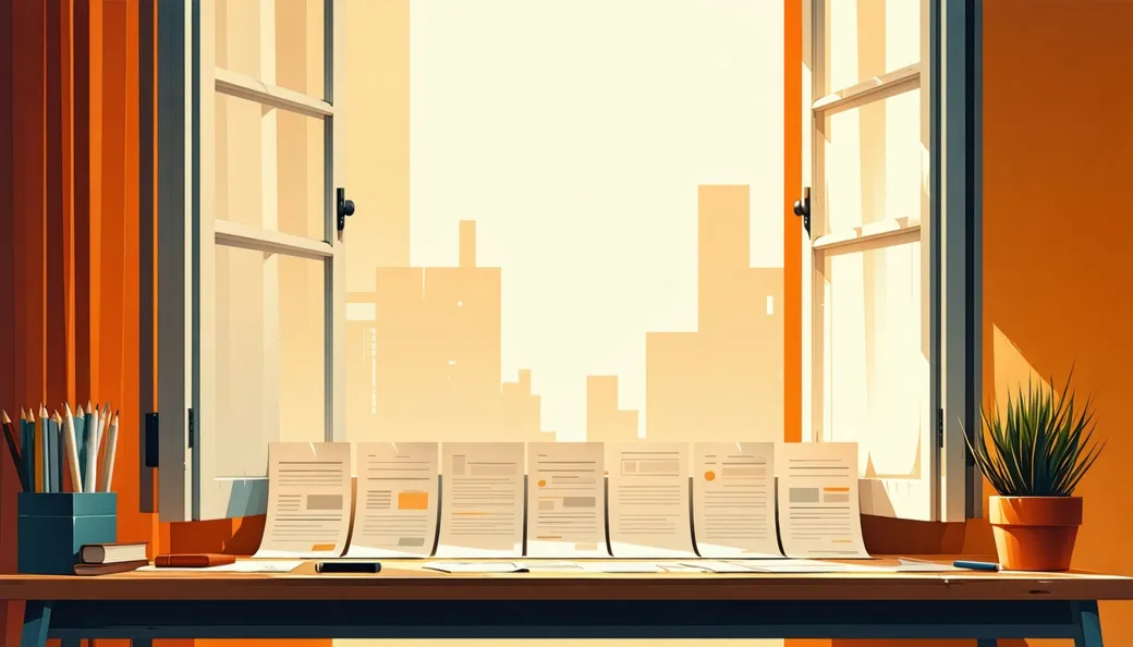 A window frame on a desk with a row of paper sheets sliding through it, the oldest sheets falling away outside