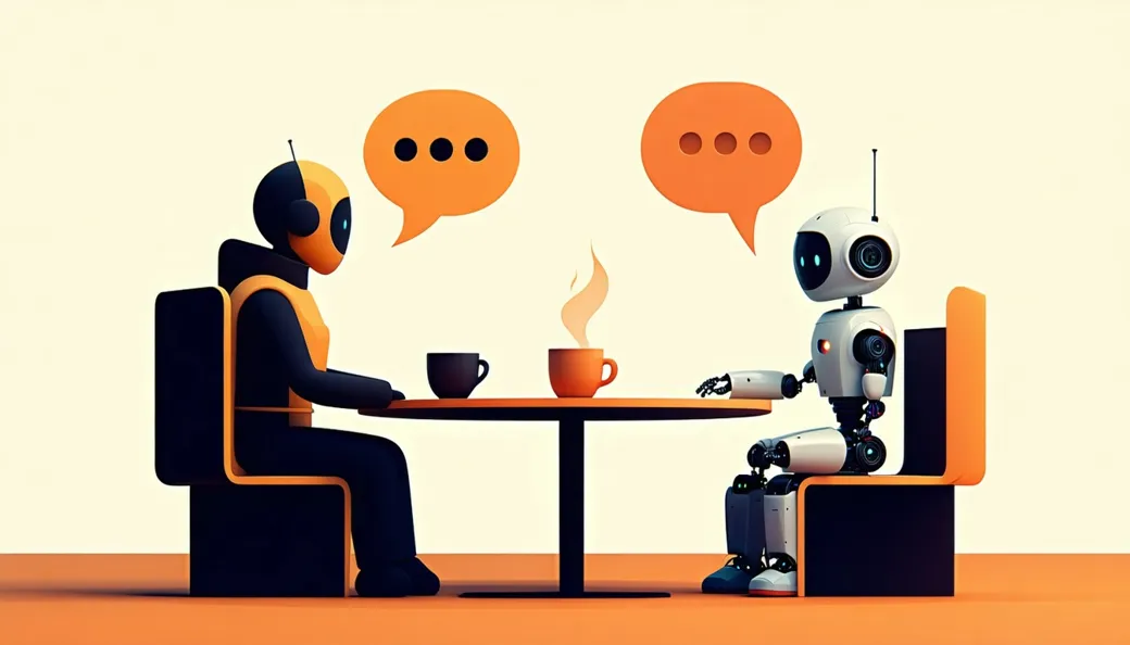 A person and a friendly robot chatting warmly across a cafe table with steaming mugs